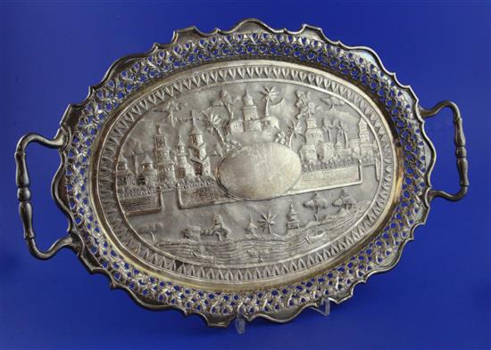 An early 20th century Indian silver oval two-handled tray, 21 oz.